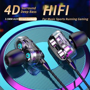 3.5mm 유선 헤드폰 소음 차단 이어폰 스포츠 이어폰 듀얼 드라이버 베이스 스테레오 게임용 헤드셋 마이크가 있는 HiFi 음악 이어버드