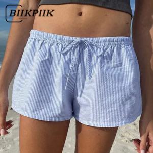 BIIKPIIK 캐주얼 스트라이프 반바지 여성용, 비치 스타일, 레이스업 미니 반바지, 올매치 아우터, 언더팬츠 베이직 니커, 여름 트렌디