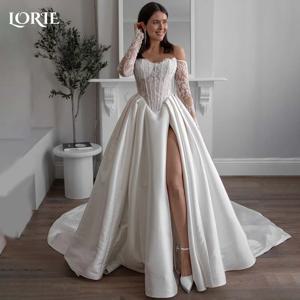 LORIE 레이스 웨딩 원피스, 연인 스플릿 A 라인 신부 가운, 긴팔 맞춤형 아플리케 코르셋 신부 원피스