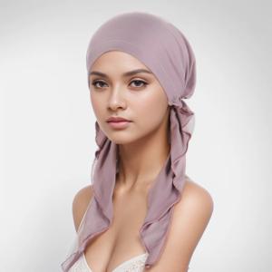 솔리드 컬러 이슬람 패션 Hijabs Turban 보닛 긴 꼬리 머리 랩 탄성 Hijab 모자 여자를위한 통기성 Chemo 모자 여자
