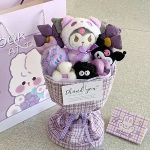 Sanrio Anime Kuromi 플러시 꽃 꽃다발 만화 Hellokitty Cinnamoroll 인형 봉제 인형 Kawaii 장식 인형 소녀 발렌타인 선물