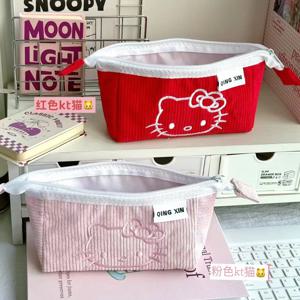 Sanrio 헬로 키티 코듀로이 연필 케이스 2 레이어 학교 문구 주최자 대용량 어린이 연필 가방 학생 선물