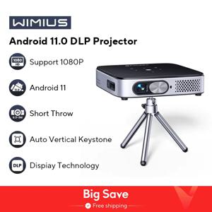 WiMiUS 미니 프로젝터, 안드로이드 11.0 DLP 프로젝터, 충전식 초단거리 와이파이 블루투스 프로젝터, FHD 1080P 지지대