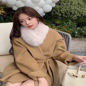 한국 스타일 여우 모피 스카프 여성용 다목적 따뜻함 흡수 버클 정품 가죽 넥 워머 긴 직사각형 모양