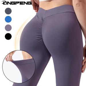 Pleated Seamless 하이 웨이스트 스포츠 엉덩이 리프팅 배꼽 컨트롤 V-Fold 요가 짧은 바지 여성의 꽉 엉덩이 리프팅 하이 웨이스트 바지