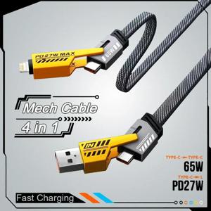 4 in 1 Mecha 고속 충전 데이터 케이블 코드 PD 27W iPhone 15 Samsung Xiaomi 65W USB 유형 C 멀티 포트 빠른 충전 와이어 라인