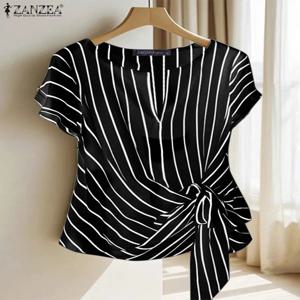 2025 ZANZEA 여름 블라우스 여성 세련된 스트라이프 탑 우아한 V 넥 반팔 블라우스 튜닉 여성 Chemise 캐주얼 작업 OL 셔츠