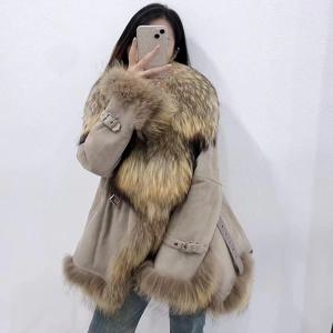 겨울 여성 가죽 자켓 솔리드 컬러 리얼 모피-원시 염소 가죽 가죽 코트 큰 너구리 모피 칼라 여성 의류