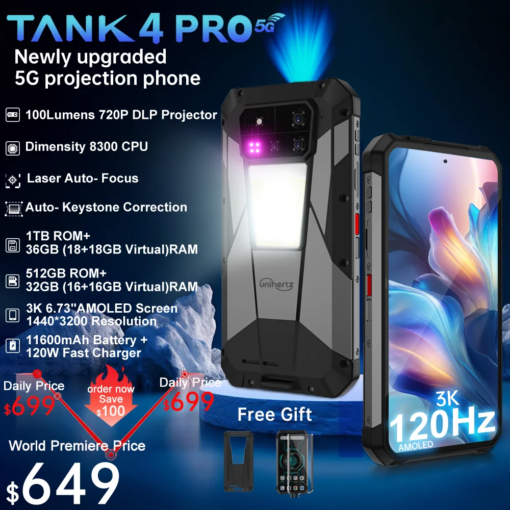 【월드 프리미어】Unihertz by 8849 Tank 4 pro 스마트폰 5G, 720P 프로젝터 Dimensity 8300 36GB+1TB 휴대폰 3k AMOLED Android 탑재