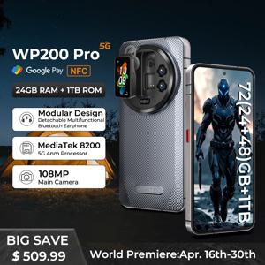 【월드 프리미어】Oukitel WP200 Pro 5G 모듈형 견고한 전화 분리형 이어폰 시계 72GB+1TB MTK8200 스마트폰 108MP 휴대폰
