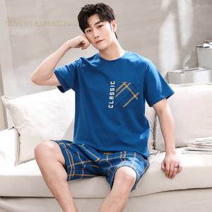 여름 새 만화 남성 잠옷 캐주얼 짧은 탑 격자 짧은 바지 세트 잠옷 스트라이프 남성 잠옷 Pijamas Homewear Fashion
