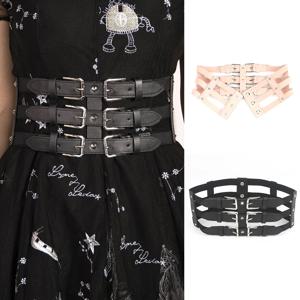 블랙 핑크 여성을위한 3 행 탄성 벨트 레이디 실버 핀 버클 빈티지 거들 코르셋 PU 가죽 Bustier 고딕 Commerbund