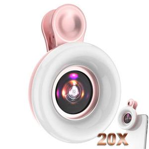 모바일 용 매크로 렌즈 20X 필 링 라이트 Selfie 라이브 램프 카메라 렌즈 (LED 범용 플래시 포함) 스마트 폰 휴대용 라이트 클립