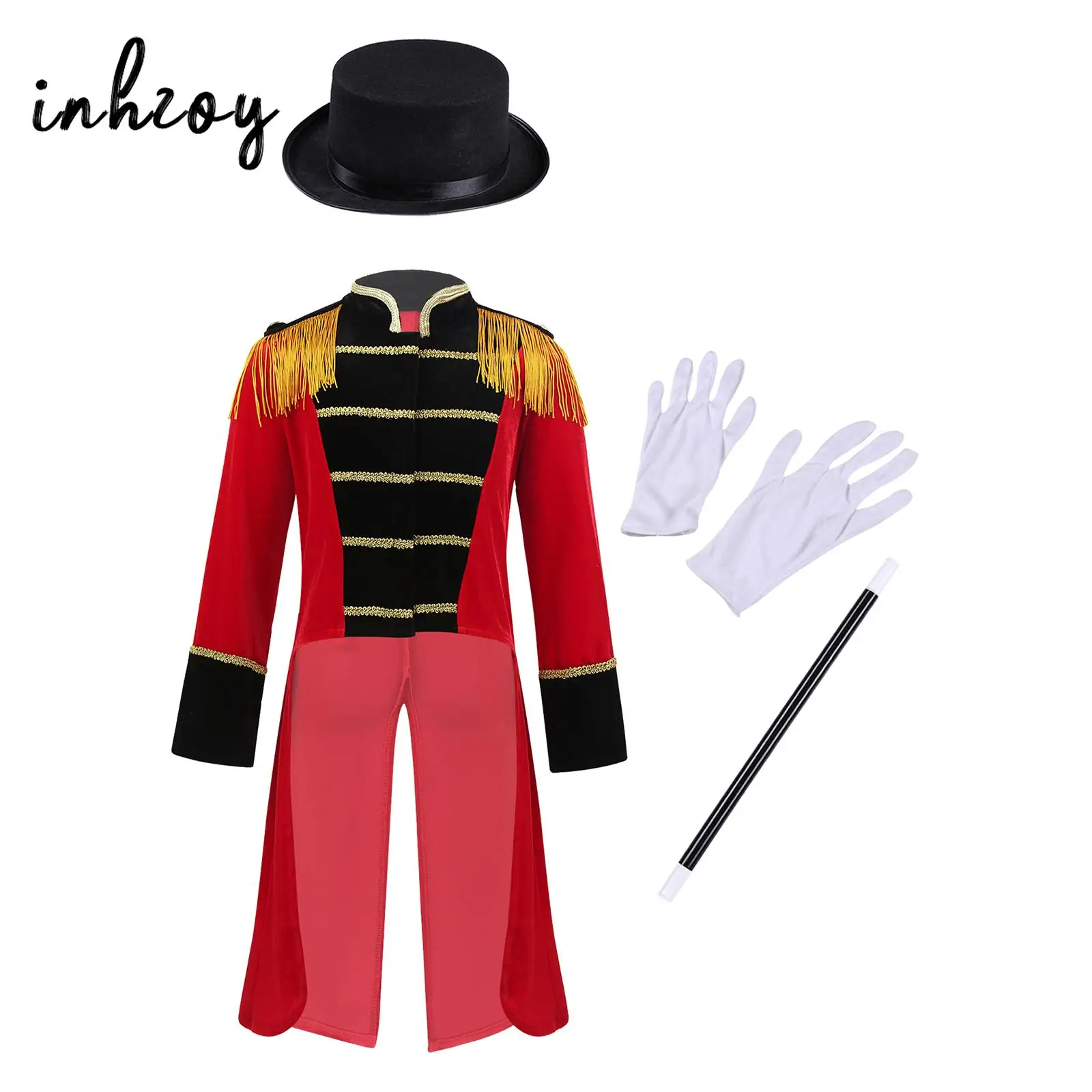 키즈 소년 서커스 Ringmaster 의상 긴 소매 Tassels Tailcoat 자켓 모자 마술 지팡이 장갑 할로윈 코스프레 의상