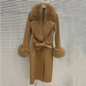 2023 긴 여성 양모 캐시미어 혼합 코트 큰 진짜 여우 모피 칼라 패션 겨울 자켓 더블 브레스트 벨트 아웃웨어 커프스