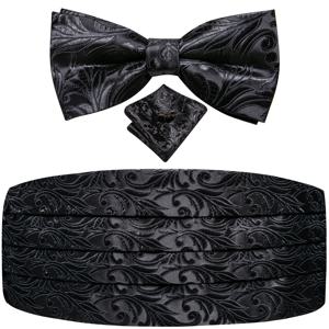 하이-넥타이 실크 블랙 꽃 남성 Cummerbunds 빈티지 자카드 Bowtie Hanky ​​커프스 단추 Cummerbund 벨트 코르셋 남성 결혼식 이벤트