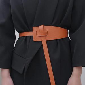 한국 스타일 심플한 여성용 인조 가죽 벨트, 불규칙한 모양 조절 매듭, 긴 허리띠 정장 코트, 코르셋 벨트 패션