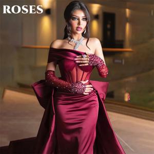 ROSES 버건디 얼룩 인어 무도회 드레스, 활 빛나는 비즈 소매, 이브닝 원피스, 원 숄더 연인