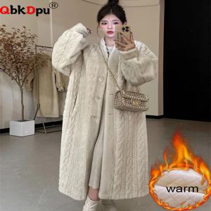 한국어 우아한 가짜 밍크 모피 롱 코트 겨울 따뜻한 두꺼운 코튼 패딩 안감 자켓 여성 싱글 브레스트 루즈 Abrigos 탑스