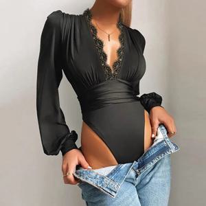 섹시한 레이스 아플리케 긴팔 여성 바디수트, 메쉬 바디수트, 딥 브이넥 백리스 레오타드 탑, 여성 베이직 탑