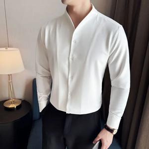 남성 V넥 셔츠 2025 가을 브리티시 스타일 구김 방지 부드러운 솔리드 캐주얼 탄성 슬림핏 긴팔 드레스 셔츠 남성 의류