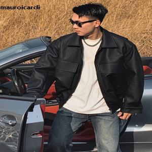 Mauroicardi 용수철 멋진 오버사이즈 짧은 매트 블랙 PU 가죽 재킷, 지퍼 포켓, 루즈 럭셔리 디자이너 의류