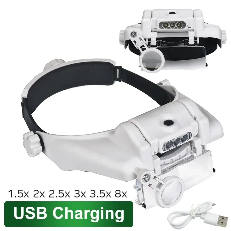 USB 충전식 안경 루페 시계 제조 업체 수리 도구 안경 돋보기 LED 헤드 밴드 돋보기 1.5x 2x 2.5x 3x 3.5x 8x