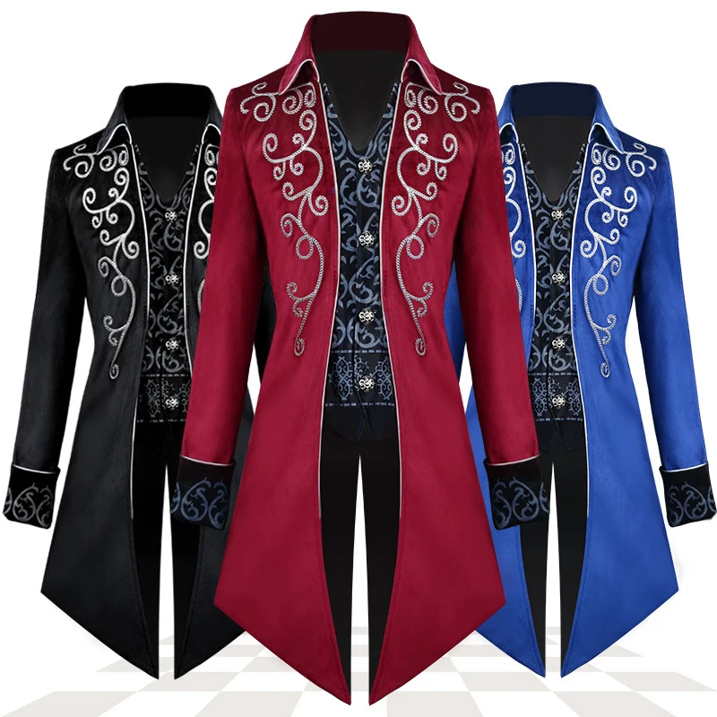 고딕 수 놓은 빅토리아 재킷 르네상스 의상 남성용 Xmas Steampunk 빈티지 Tailcoat 중세 Frock Coat Retro