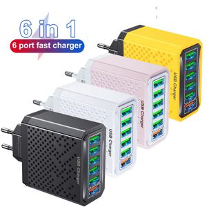 USLION 삼성 S23 샤오미 휴대폰 충전 어댑터, 6 in 1 USB 충전기, QC3.0 고속 충전, EU, KR, US, UK 플러그
