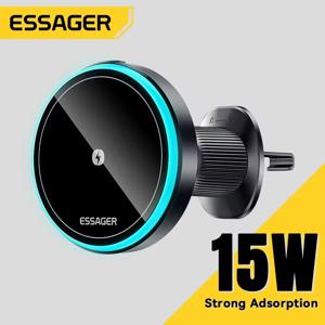 Essager 자기 자동차 전화 홀더 15W 무선 ​​충전기 스탠드 아이폰 15 14 13 Pro Max 자동차 마운트 충전기 Magsafe LED 라이트