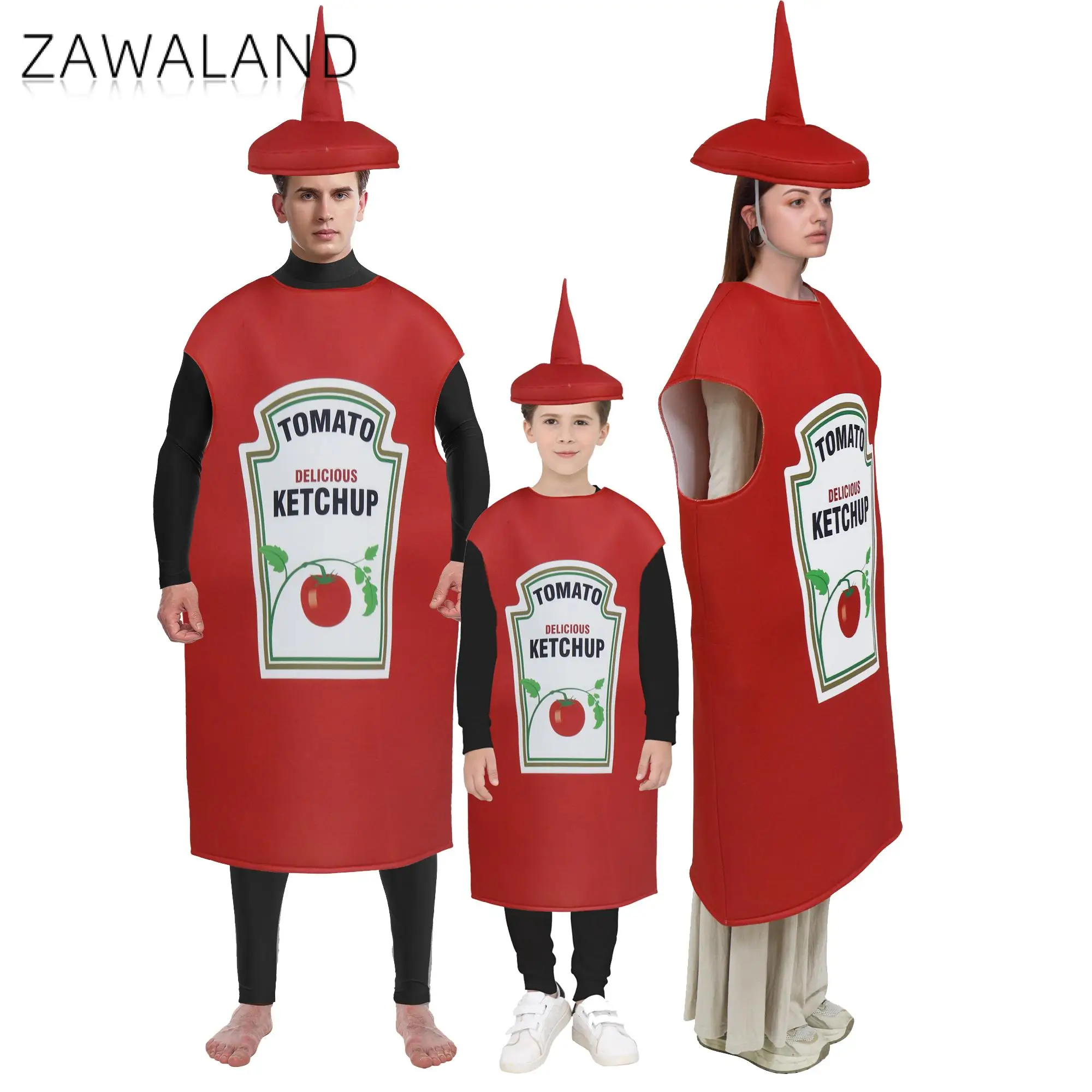 Zawaland 빨간 토마토 맛있는 케첩 의상 성인 소년 소녀 재미 있은 변장 양복 노란색 겨자 할로윈 코스프레 파티 옷