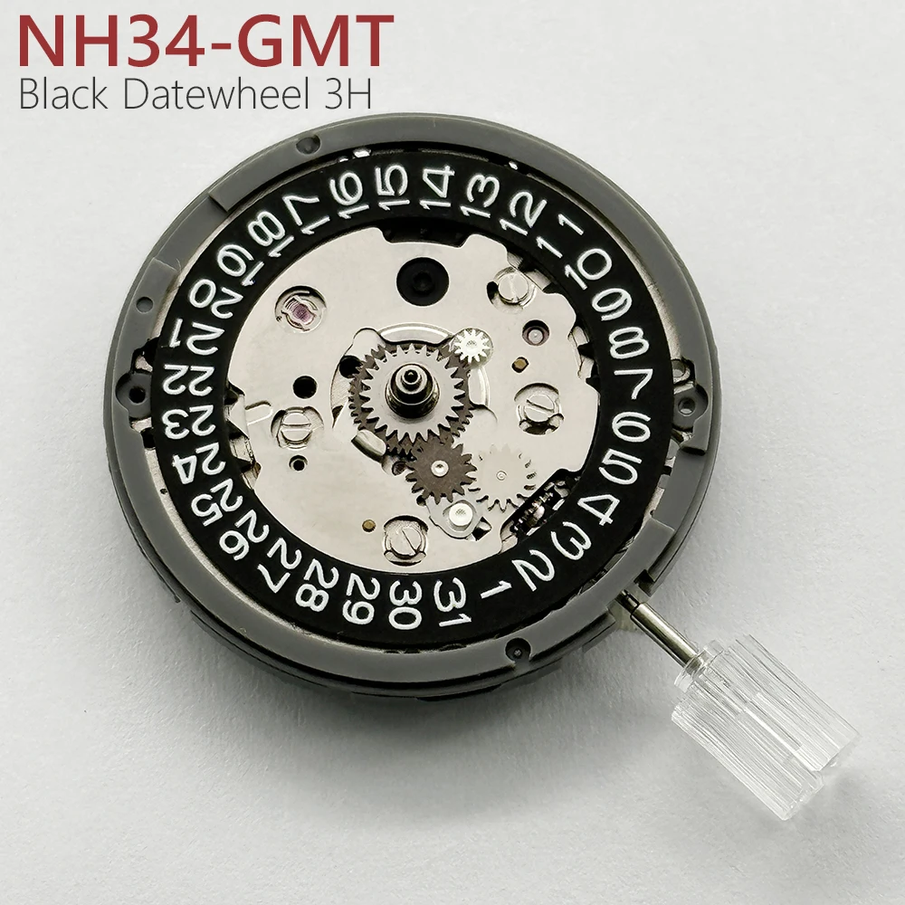 GMT NH34 자동 기계식 무브먼트 블랙 3H Datewheel 고정밀 24 보석 NH34A 4R34 24H 핸드 GMT 기능