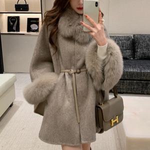 여성용 모피 소매 분리형 리얼 여우 모피 칼라 코트, 따뜻한 양모 A 라인 재킷, 럭셔리 두꺼운 여성 코트, 2024 가을 겨울 신상
