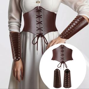 3PCS 중세 의상 키트 레트로 가죽 레이스 업 코르셋 벨트 허리 벨트 가죽 건틀릿 팔찌 바이킹 손목 보호대 코스프레