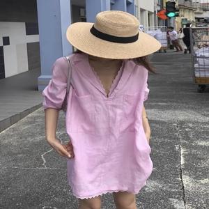 세련된 봄 디자인 긴 소매 미디 루즈핏 슈트 칼라 꽃 장식 여성 셔츠 한국 스타일 캐주얼 비즈니스웨어