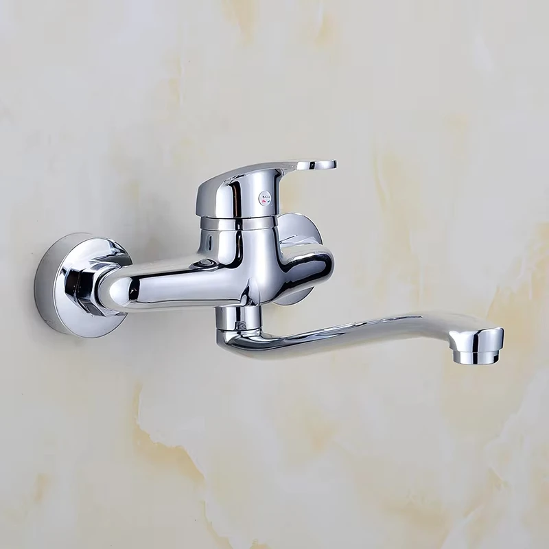 Grifo de agua fría y caliente de pared totalmente de cobre para fregadero de cocina, válvula mezcladora giratoria dos en uno