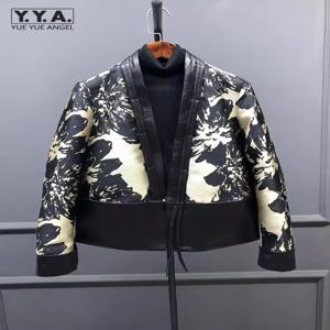 여성용 프린트 패치워크 양가죽 재킷, 우아한 V넥 용수철, 가을 오피스 레이디 짧은 코트, 중국 스타일, 신상