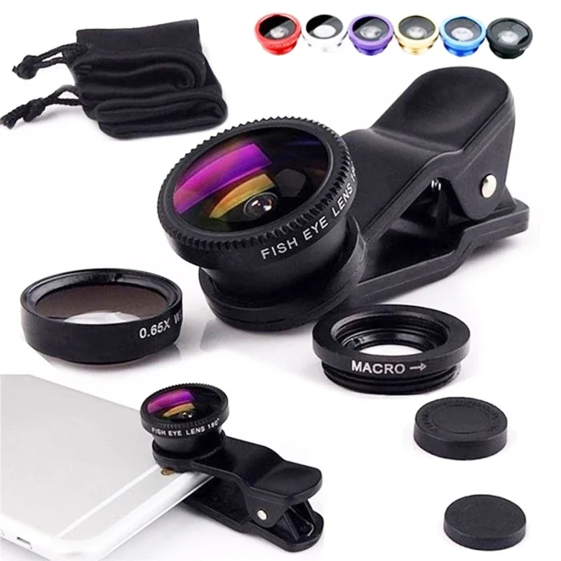 iPhone 용 3in1 Fisheye 광각 마이크로 카메라 렌즈 Xiaomi Redmi 3in1 줌 피쉬 아이 렌즈 (전화 클립이있는 스마트 폰 렌즈)