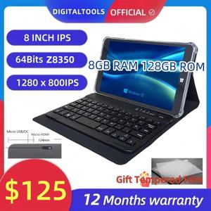 8인치 윈도우 10 미니 태블릿 PC 64비트 x5-Z8300 쿼드 코어 8GB 램 128GB 저장용량 HD-MI 포트 1280 x 800IPS 듀얼 카메라 선물용 강화유리