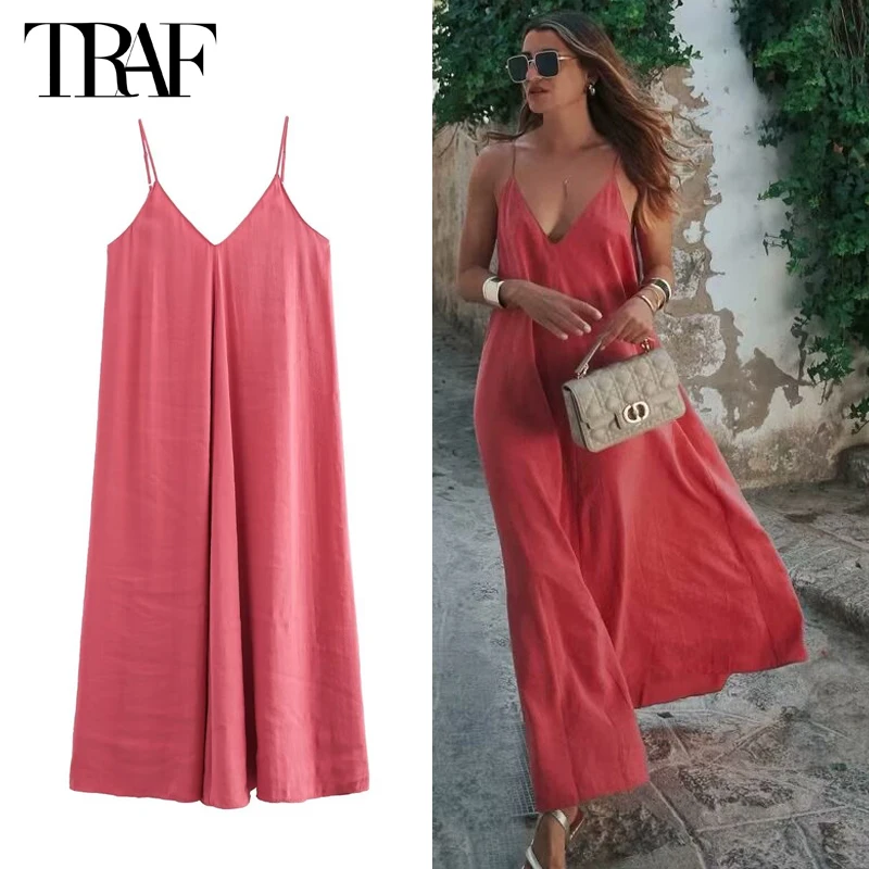 TRAF 2024 레드 슬립 맥시 드레스 여성 여성을위한 섹시한 백 레이스 롱 드레스 여름 해변 여성 드레스 Draped Party Dresses Women