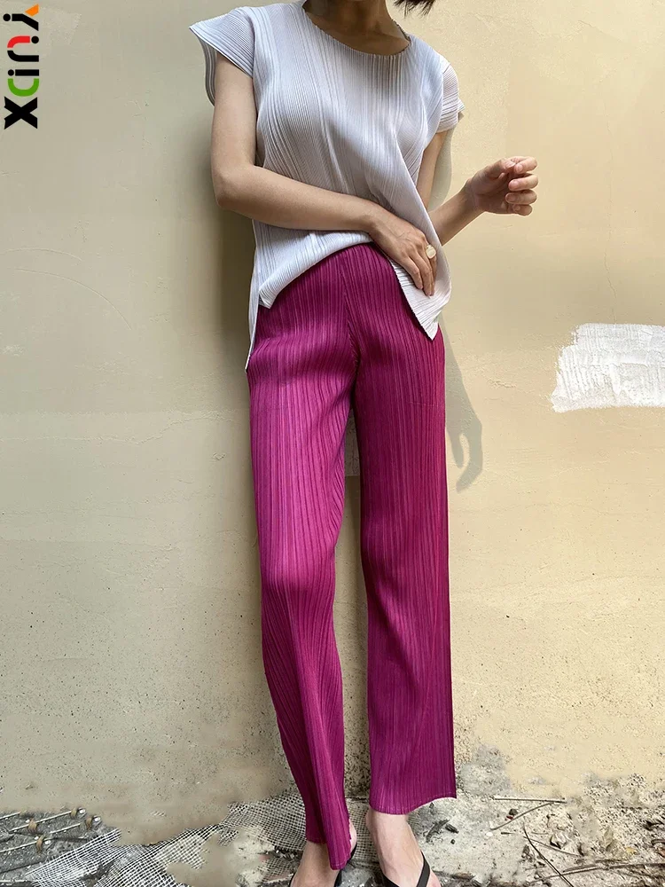 YUDX Miyake 여성용 플리츠 팬츠, 하이 웨이스트, 우아한 캐주얼, 클래식, 기본 포켓, 스트레이트 팬츠, 새로운 색상, 한국 패션