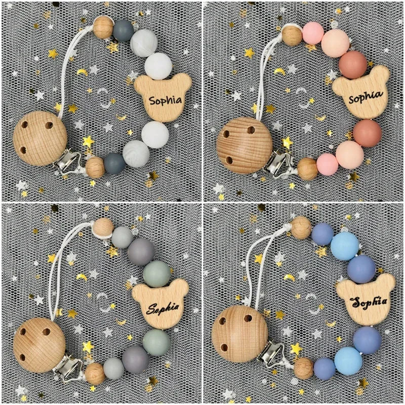 사용자 정의 이름 나무 맞춤형 아기 젖꼭지 체인 클립 실리콘 구슬 더미 젖꼭지 홀더 이름 Teether 펜던트 신생아 선물