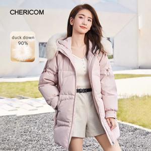 Chericom 여성용 겨울 다운 재킷, 탈착식 퍼 칼라 패딩, 미드 롱 후드, 두꺼운 덕다운, 푹신한 퍼퍼 코트 279206