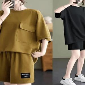 2025년 여름 플러스 사이즈 캐주얼 스포츠웨어 세트 여성 루즈 슬리밍 패셔너블 반팔 투피스 세트 한국 스타일 하이웨이스트 반바지