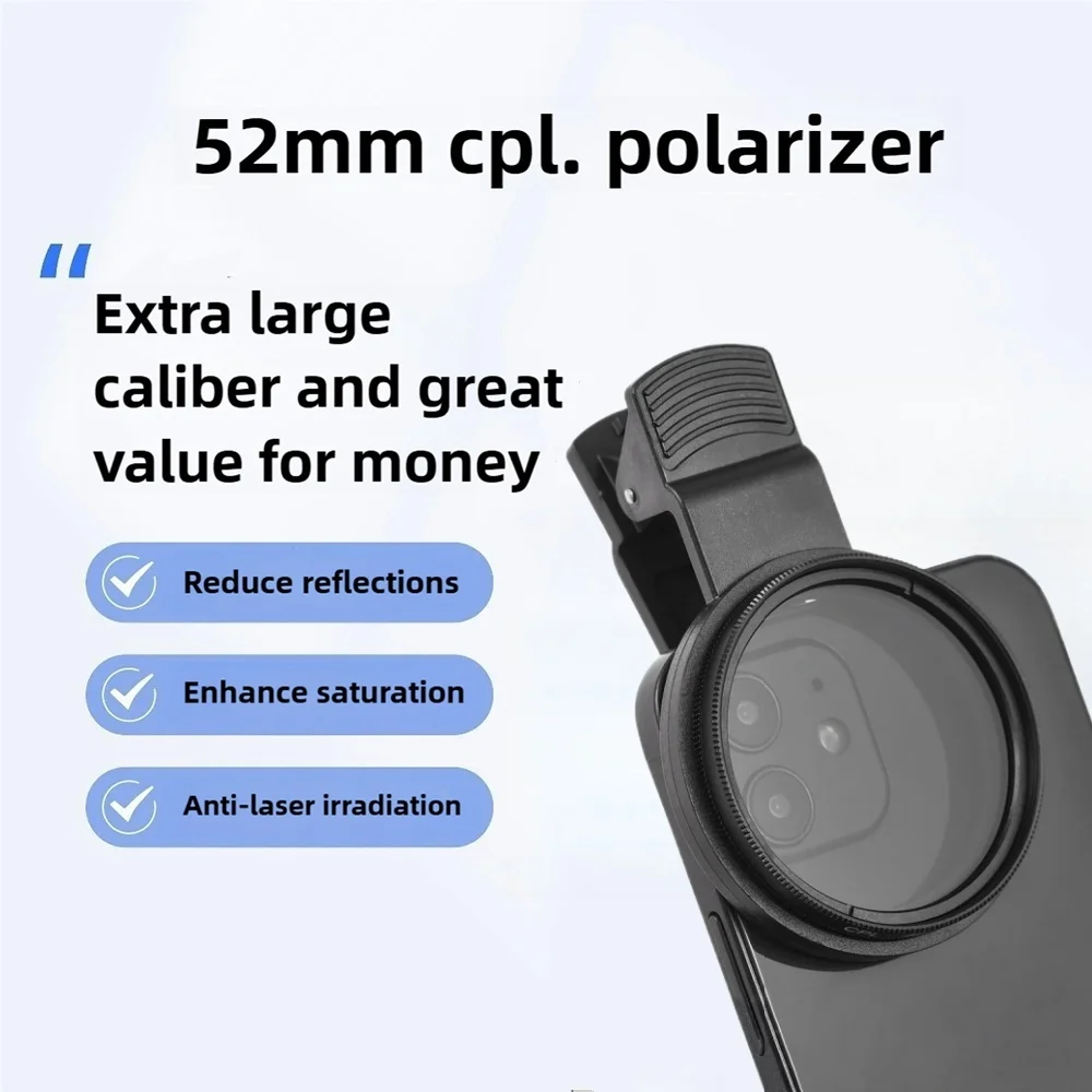 52MM CPL 필터 원형 전화 카메라 렌즈 범용 편광판 필터 렌즈 클립 스마트 폰용 반사 없음 Canon Nikon DSLR