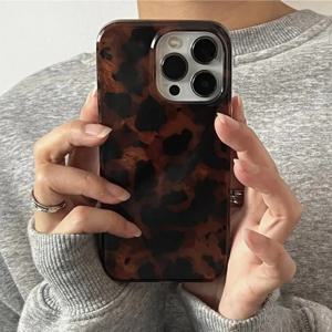 레트로 앰버 질감 레이저 전화 케이스 iPhone 16 Pro Max 15 14 13 12 11 XS X XR 7 8 Plus 세련된 레오파드 프린트 백 소프트 커버