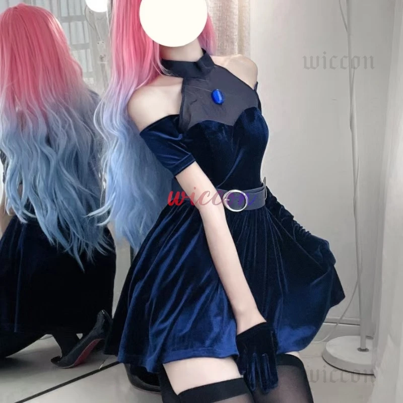 애니메이션 외계인 무대 코스프레 미지 코스프레 코스튬 가발, 할로윈 애니메이션 의류, 게임 의상, 무대 블랙 화려한 원피스 여성