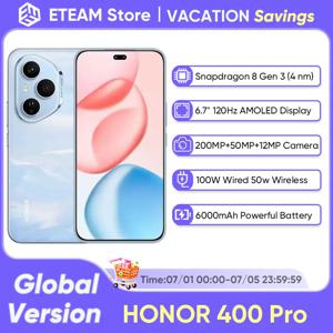 글로벌 버전 HONOR 400 Pro 5G 스마트폰 스냅드래곤 8 Gen 3 6.7인치 AMOLED 디스플레이 200MP 100W 유선 50W 무선 IP68&IP69 eSIM