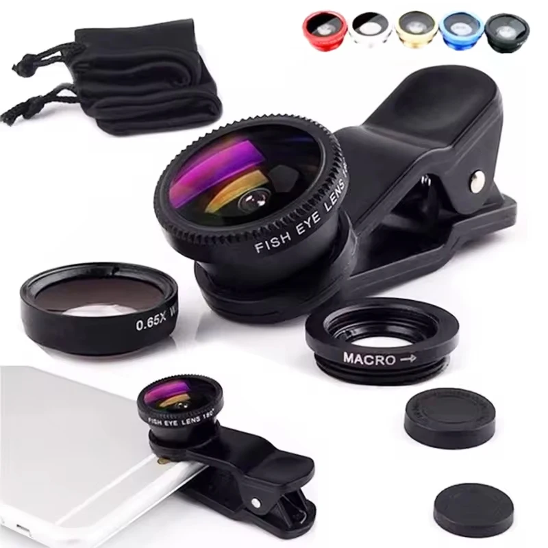 3in1 Fisheye 광각 마이크로 카메라 렌즈 0.67X 광각 매크로 렌즈 카메라 (iPhone 용 클립 포함) Xiaomi Redmi Huawei 3IN1 Len