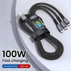 100W 초고속 충전 USB C 유형 3 In 1 데이터 케이블(아이폰용 라이트 포함) Samsung Xiaomi Huawei 고속 충전 코드